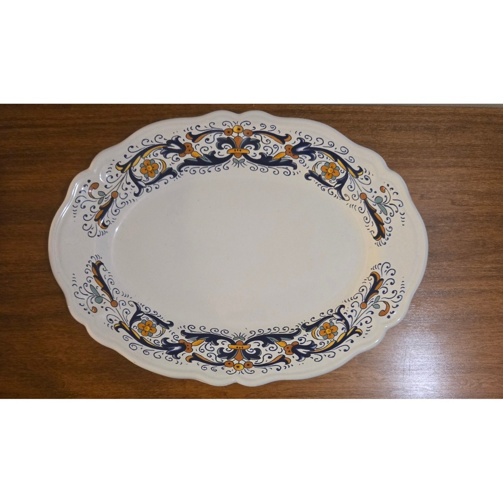 Nova Deruta Italy Oval Scalloped Ceramic Serving Platter Blue Yellow 13.5in